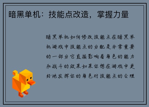 暗黑单机：技能点改造，掌握力量